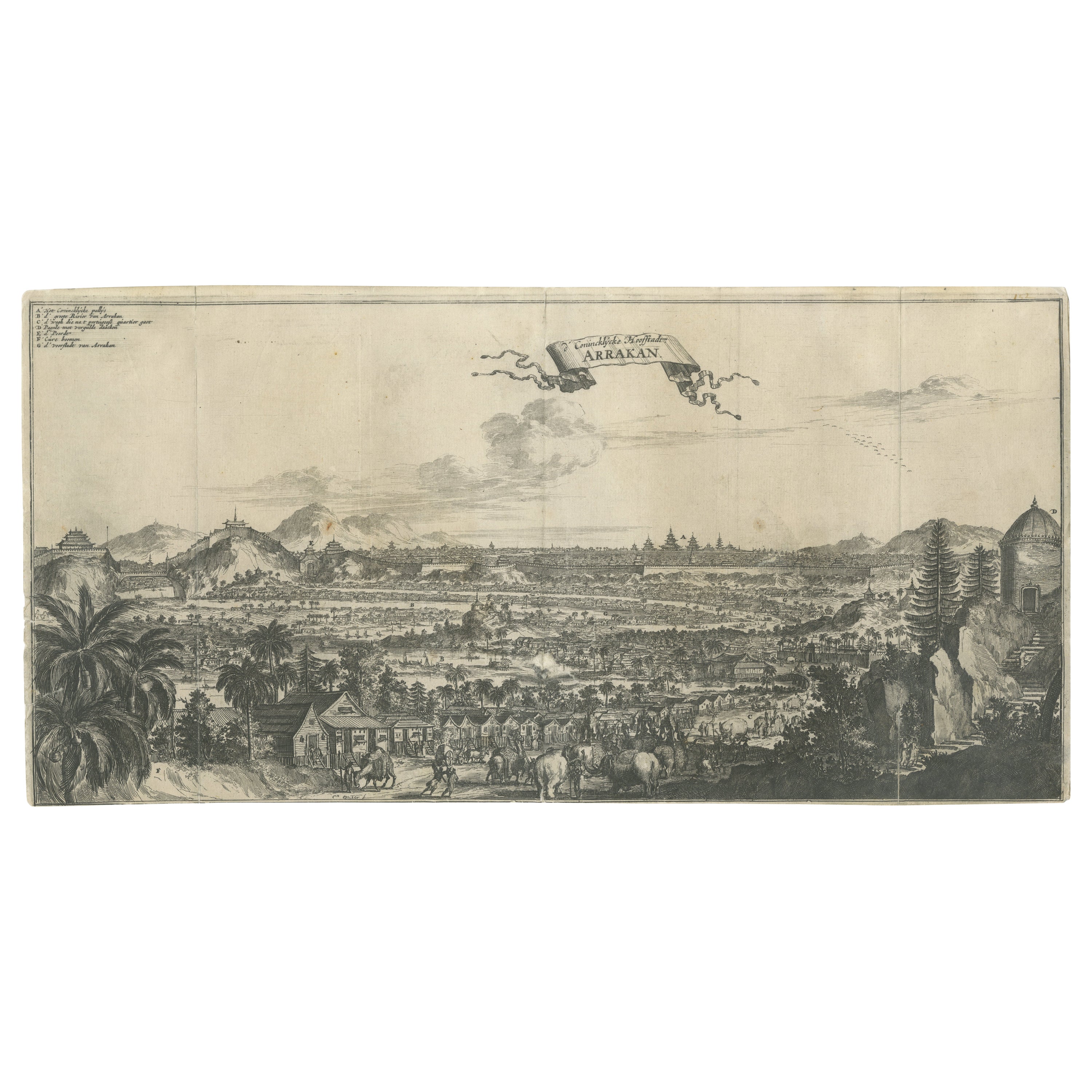 Grabado del siglo XVII de la ciudad real de Arakan (Birmania) por Arnoldus Montanus en venta