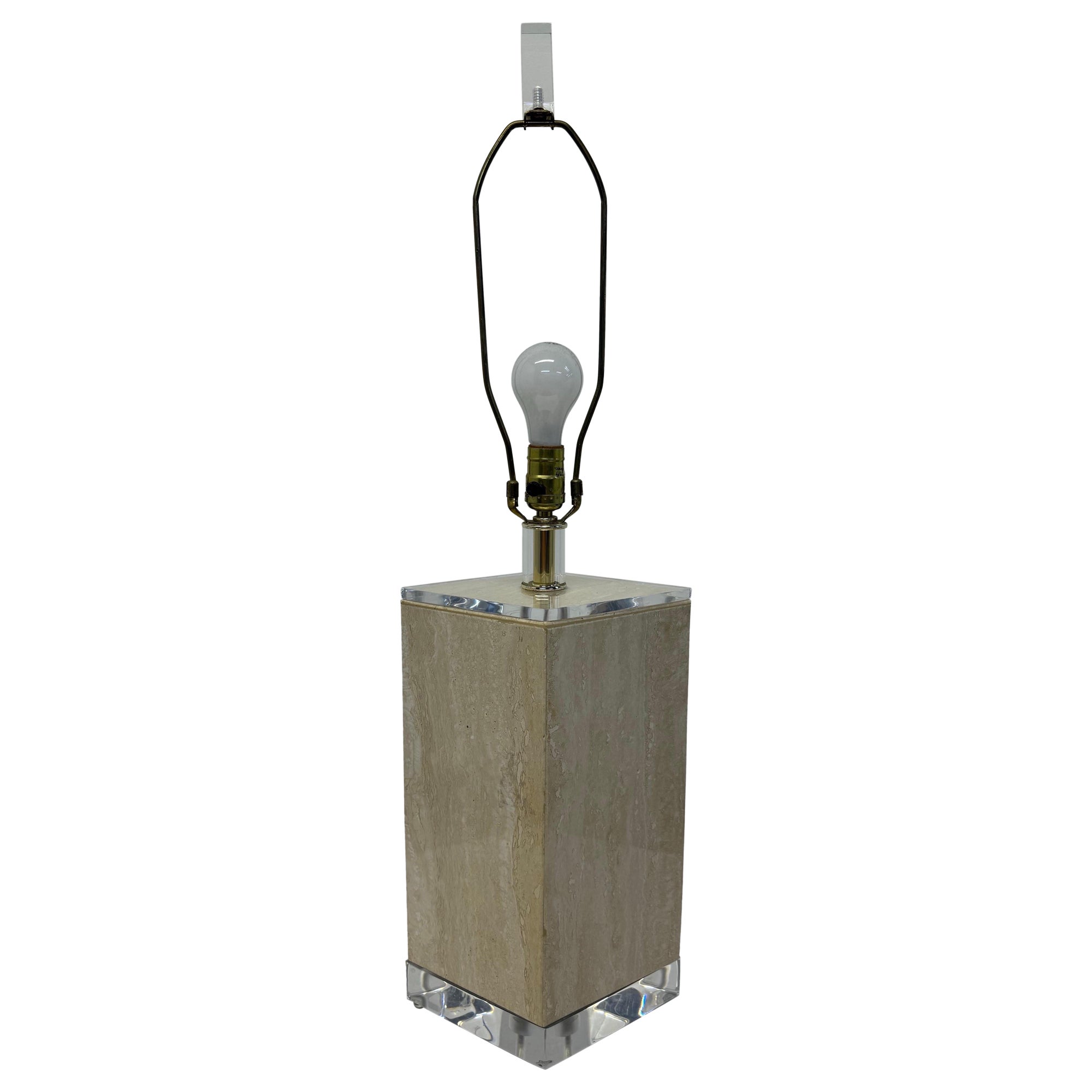 Lampada da tavolo in travertino lucido e lucite di Bauer Lamp Company, anni '70