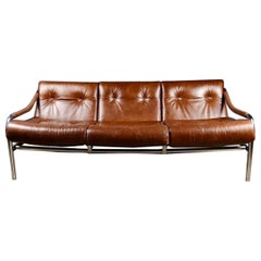 Mid Century Pieff Beta Tan Brown Leather Three Seater Sofa Vintage Retro MCM