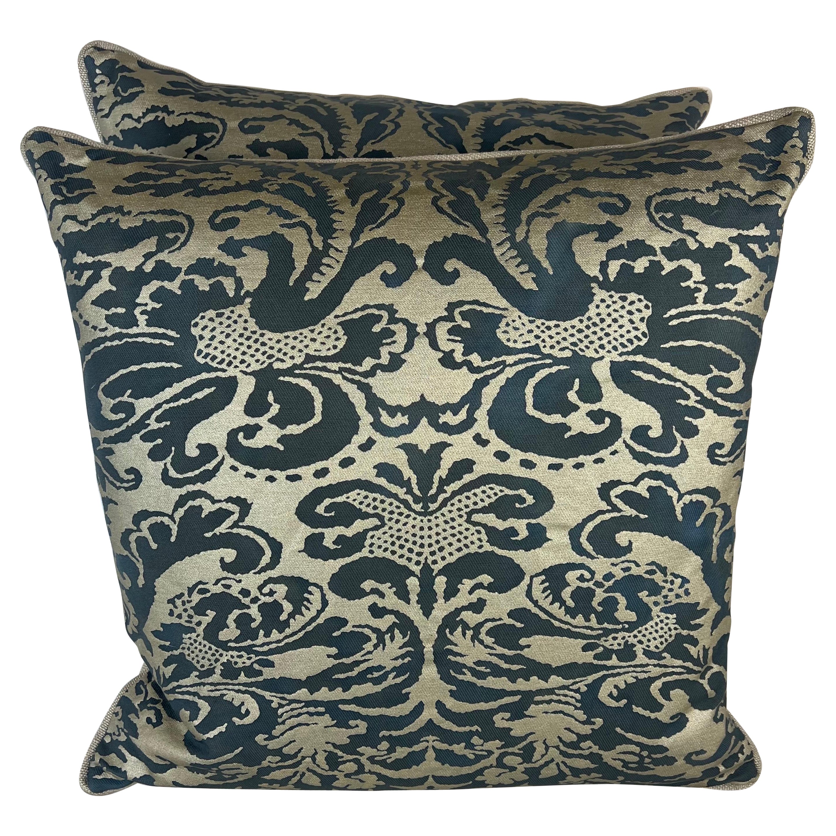 Pair of Custom Blue & Metallic Gold Fortuny Pillows