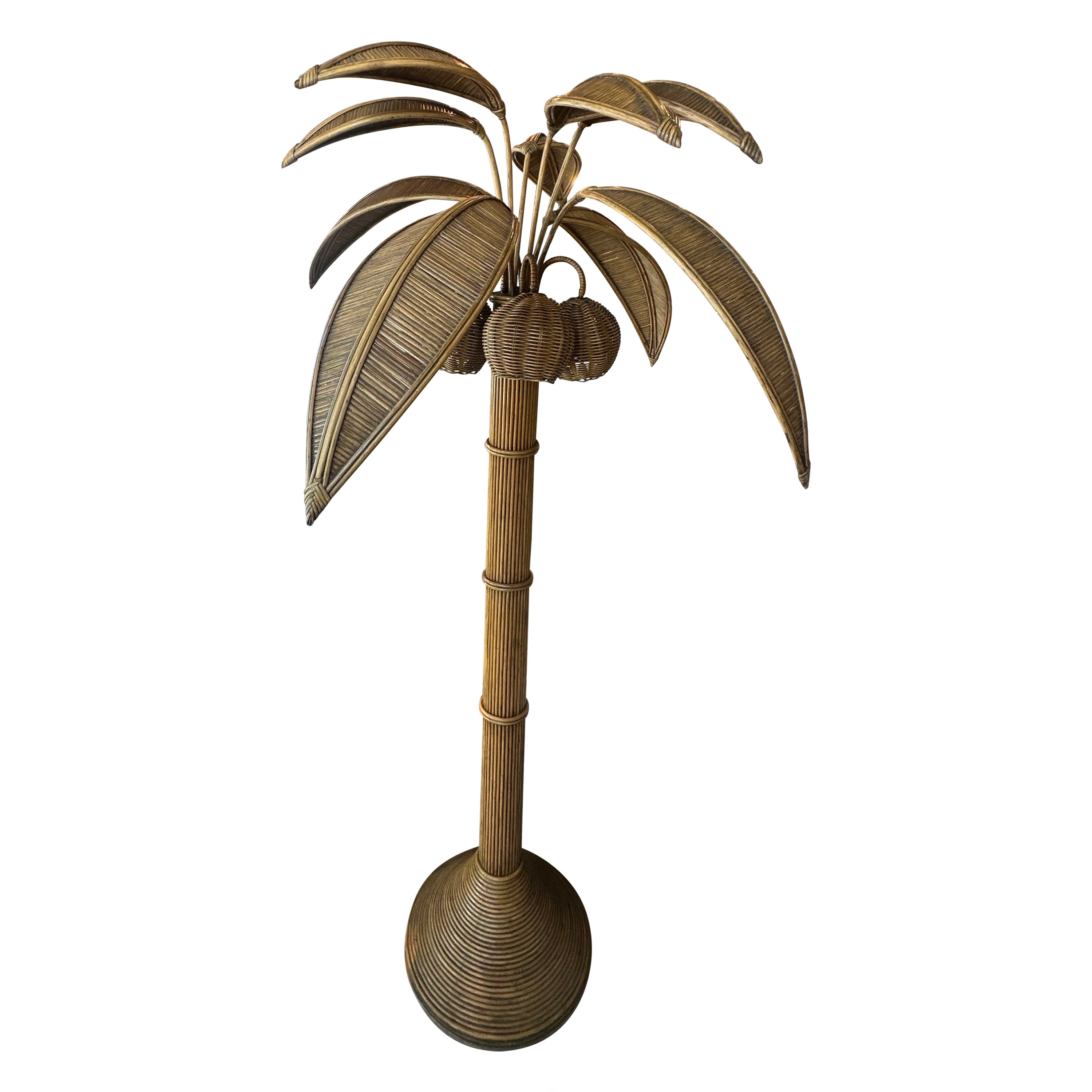 Lampadaire vintage des années 1970 en roseau, osier, bambou, palmier et noix de coco