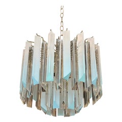 Vintage 11 Light Aqua Blue Lucite Prism Chandelier Brass Two Tier