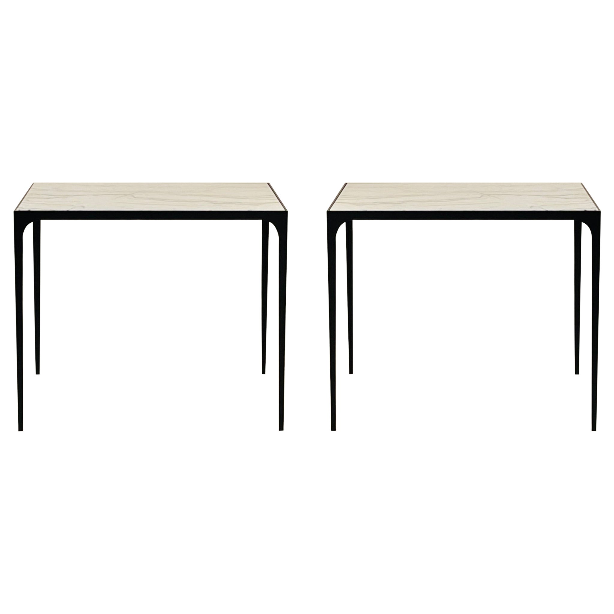 Paire de grandes tables d'appoint en fer forgé et macaubas 'Esquisse' par Design Frères