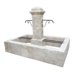 French Rectangular Two Spout Center Fountain in Carved Limestone