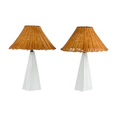 Pair of 'Pyramide' White Ceramic Table Lamps with Rattan Shades by Design Frères