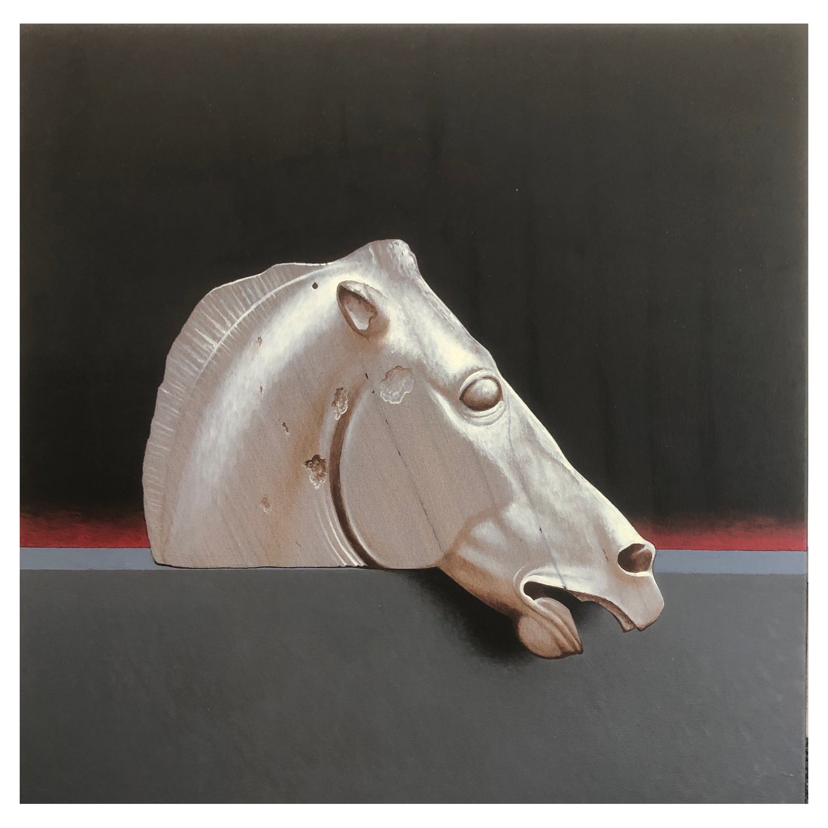 Famed Horse Head Sculpture from the Parthenon (Sculpture de tête de cheval du Parthénon). Peinture originale de Lynn Curlee en vente