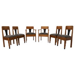 Set of 6 Art Deco - "Amsterdam School" Oak Dining Chairs with Velvet Upholstery
