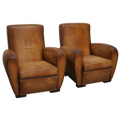 Pair of Vintage French Cognac Leather Club Chairs, Set of 2