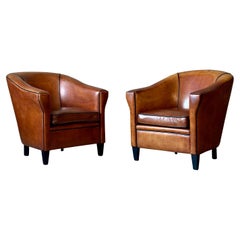 Dutch Art Deco Leather Club Chairs, a Pair