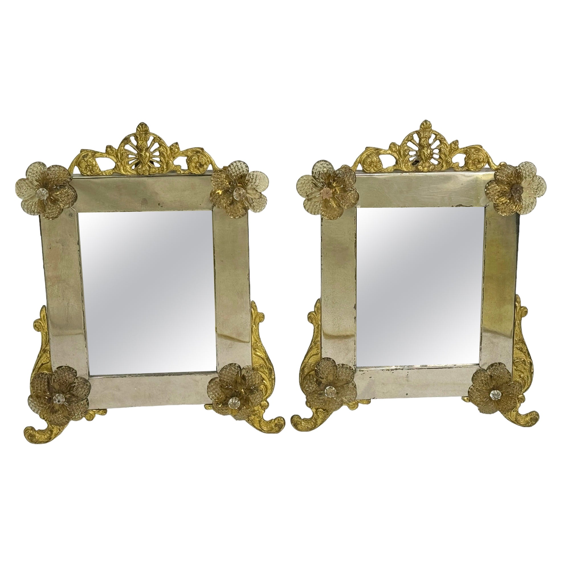 A Pair of Murano Glass Mirror with Smoked Flowers 1950s, Italy Venetian Venice