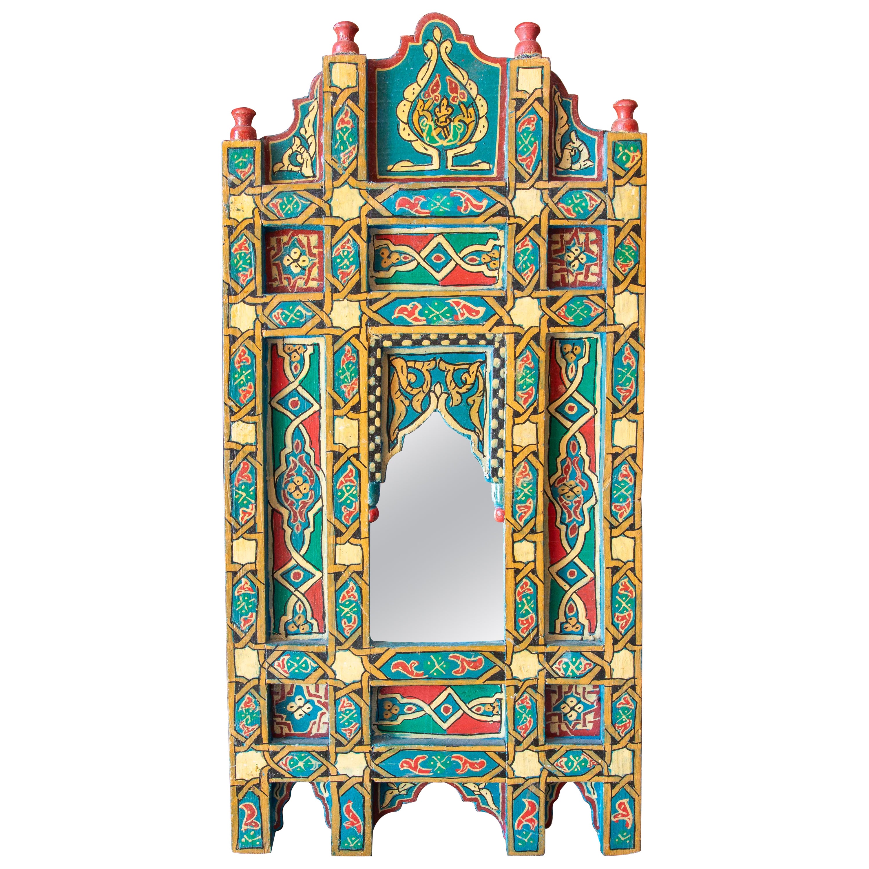 Hand-painted Moorish Style Wooden Wall Mirror with Decorations in blue colors For Sale