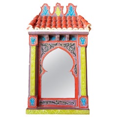 1980s Hand Painted Wooden Wall Mirror Imitating Moorish Building Architecture