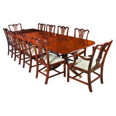Vintage Twin Pillar Mahogany Dining Table & 10 Chippendale Dining Chairs 20th C