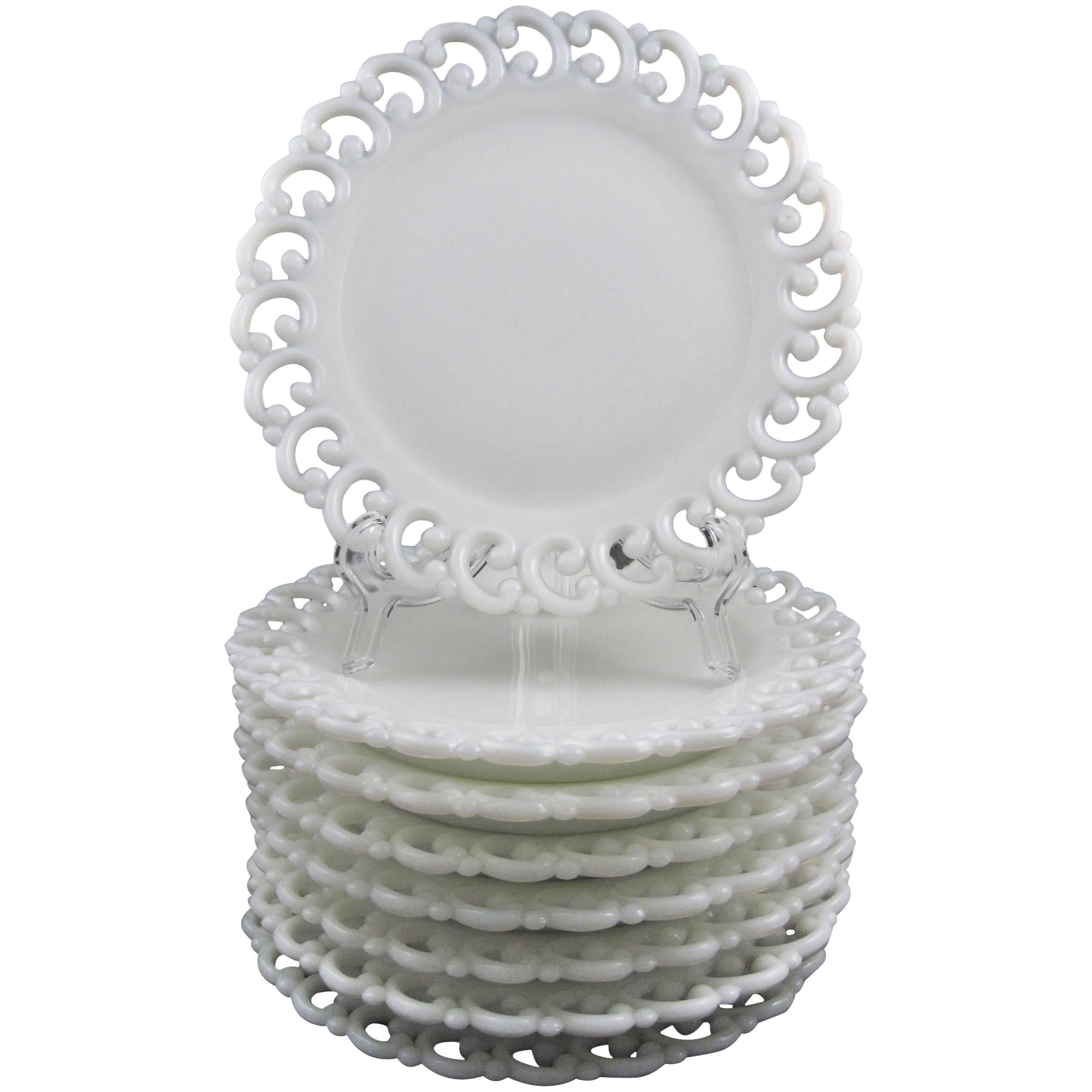 Lace Edged American Milk Glass Dinner Plates, Set of Eight