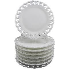 Antique Lace Edged American Milk Glass Dinner Plates, Set of Eight