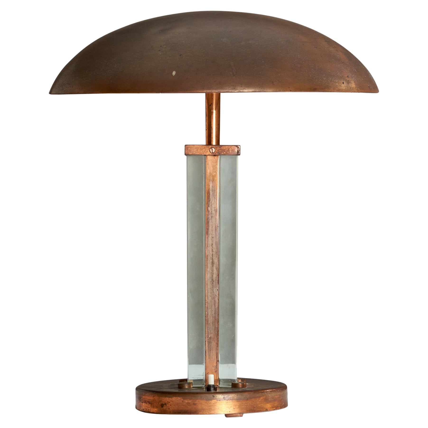 Pietro Chiesa Attribuzione, Lampada da tavolo, Rame, Vetro, Italia, anni '30 in vendita