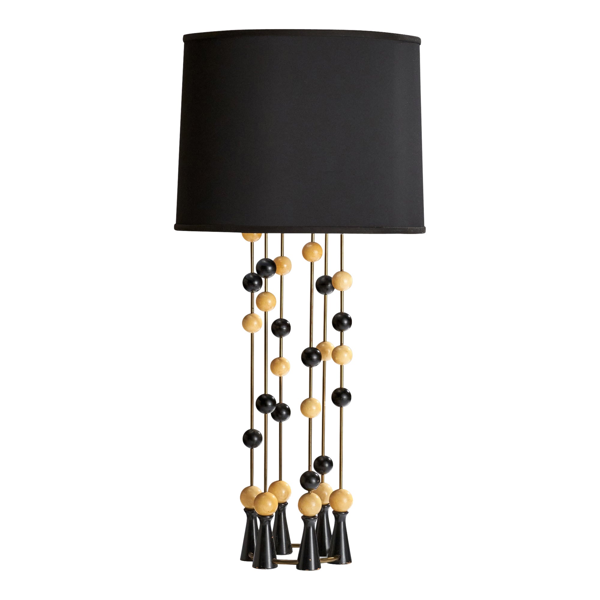 American Designer, Large Table Lamp, Brass, Wood, Fabric, USA, 1950s For Sale