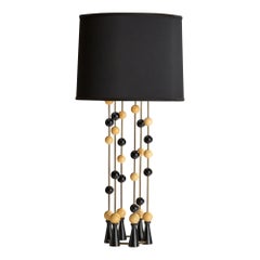 American Designer, Large Table Lamp, Brass, Wood, Fabric, USA, 1950s
