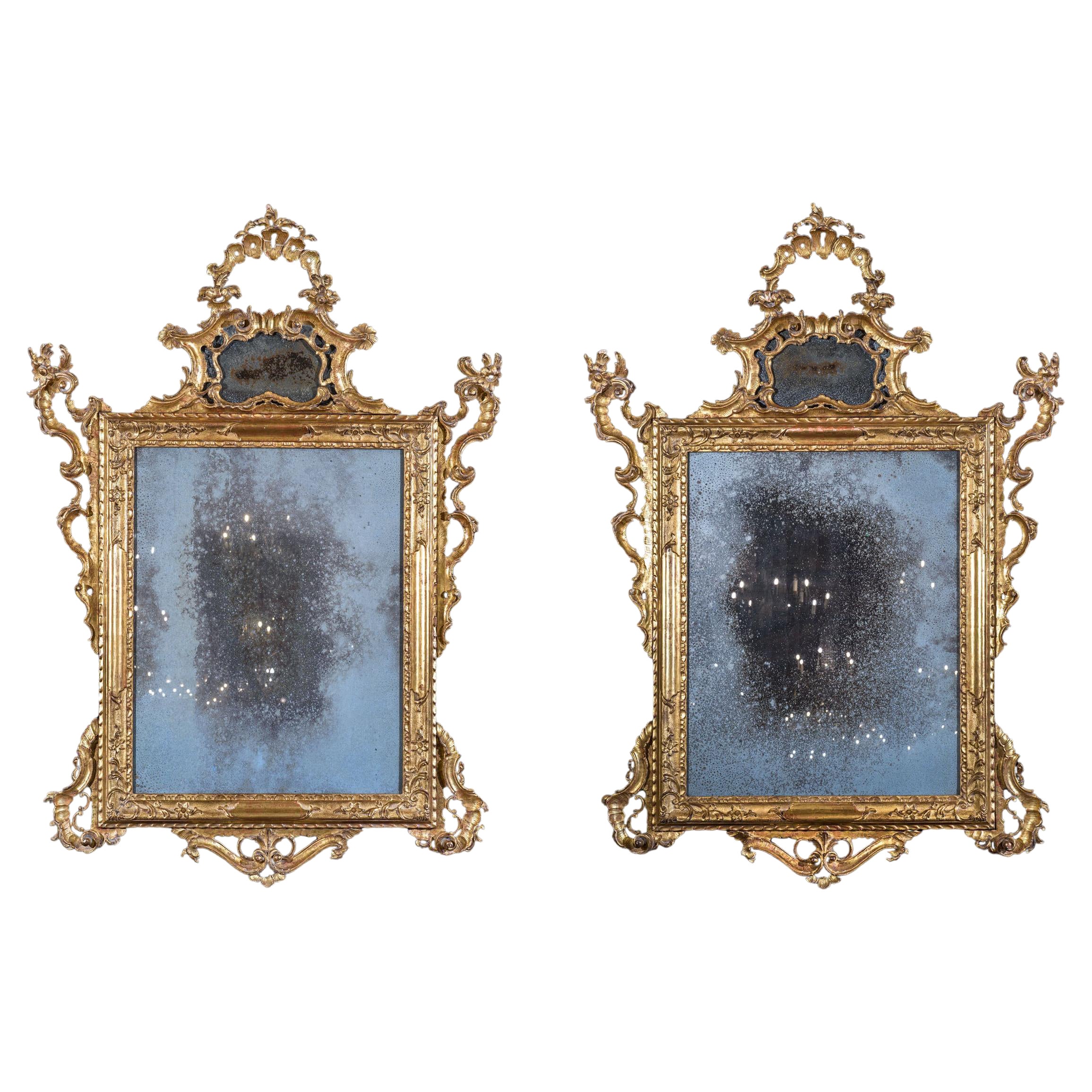 A Magnificent Pair of Rare 18th Century Venetian Mirrors with Mercury Glass