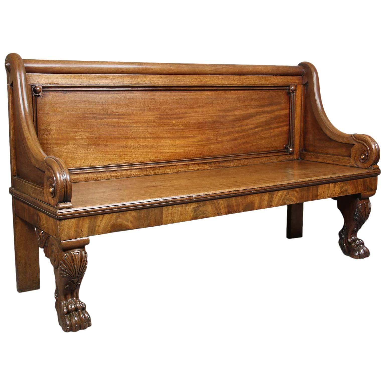 Irish William IV Carved Mahogany Hall Bench