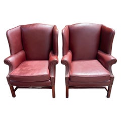 Vintage Wingback Pair of Red Leather Armchairs