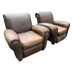 Brown Leather Armchair Pair Vintage Klaussner Brand Recliners