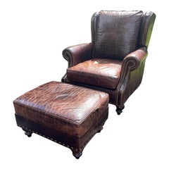 Brown Leather Armchair With Ottoman by Bradington Young Croc Embossed Leather
