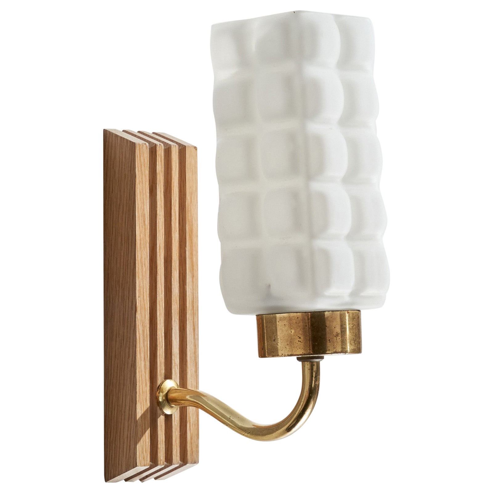 E.A.E, Wall Light, Brass, Oak, Glass, Sweden, 1950s For Sale