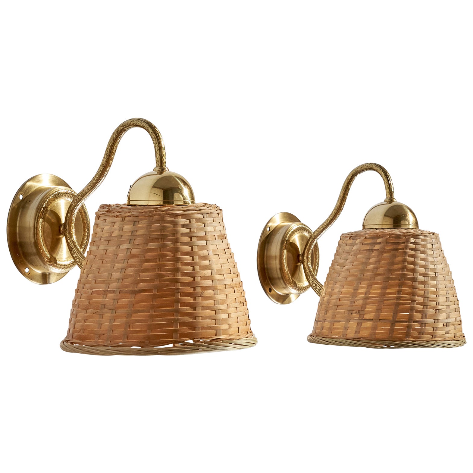 EWÅ Värnamo, Wall Lights, Brass, Rattan, Sweden, 1970s