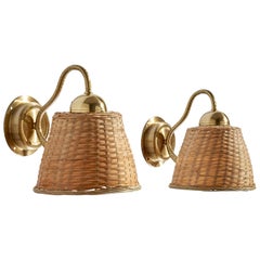 EWÅ Värnamo, Wall Lights, Brass, Rattan, Sweden, 1970s