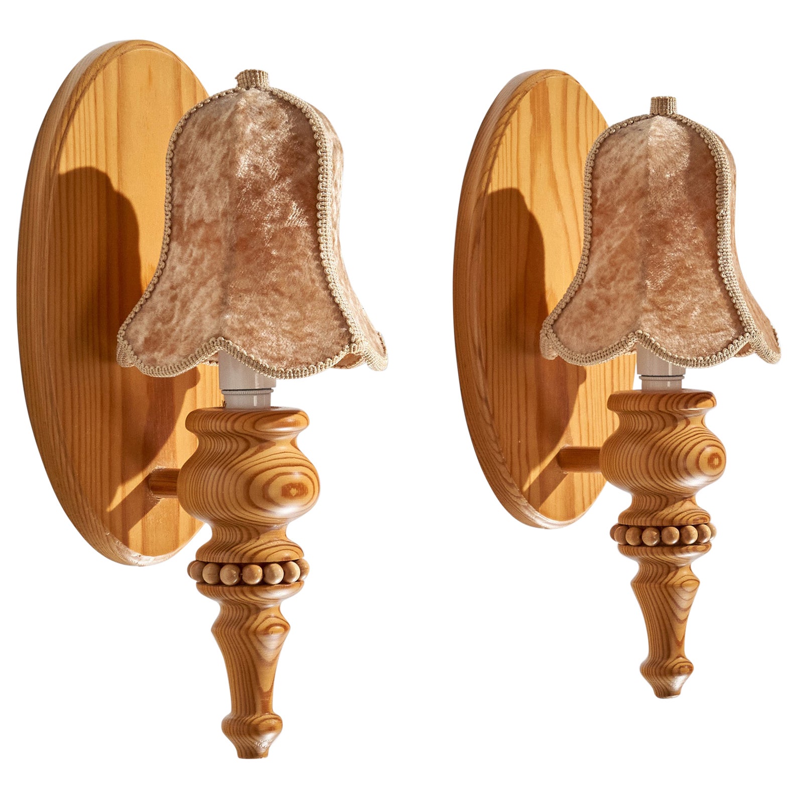 Swedish Designer, Wall Lights, Pine, Velvet, Sweden, 1970s For Sale