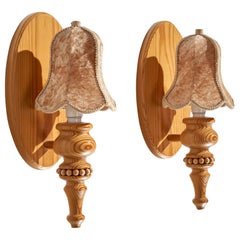 Swedish Designer, Wall Lights, Pine, Velvet, Sweden, 1970s
