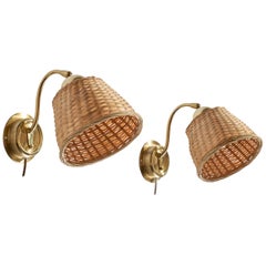 EWÅ Värnamo, Wall Lights, Brass, Rattan, Sweden, 1970s