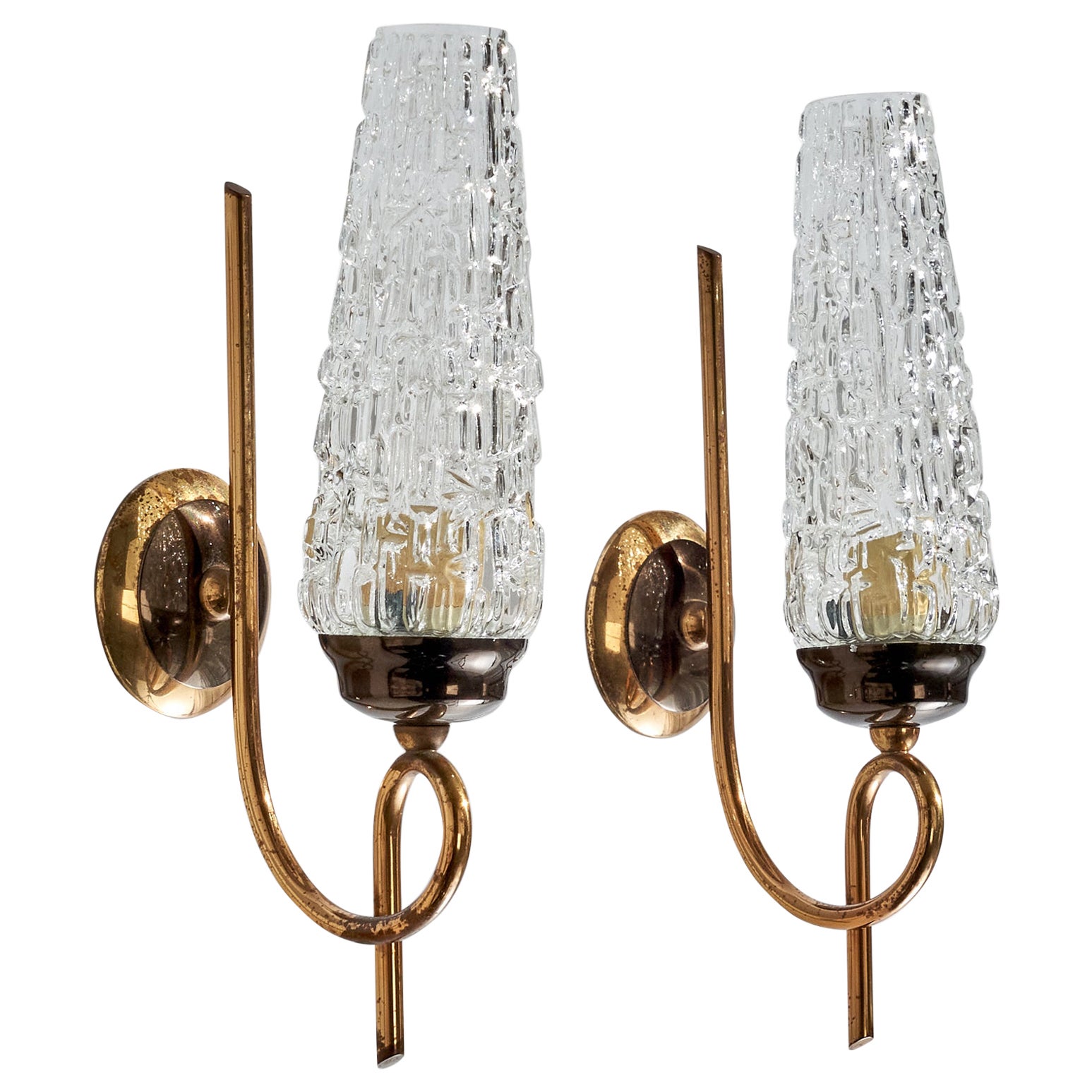 French Designer, Wall Lights, Brass, Glass, France, 1950s