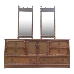 Bedroom Dresser Lowboy Faux Bamboo and Rattan Dresser by Drexel with Mirrors