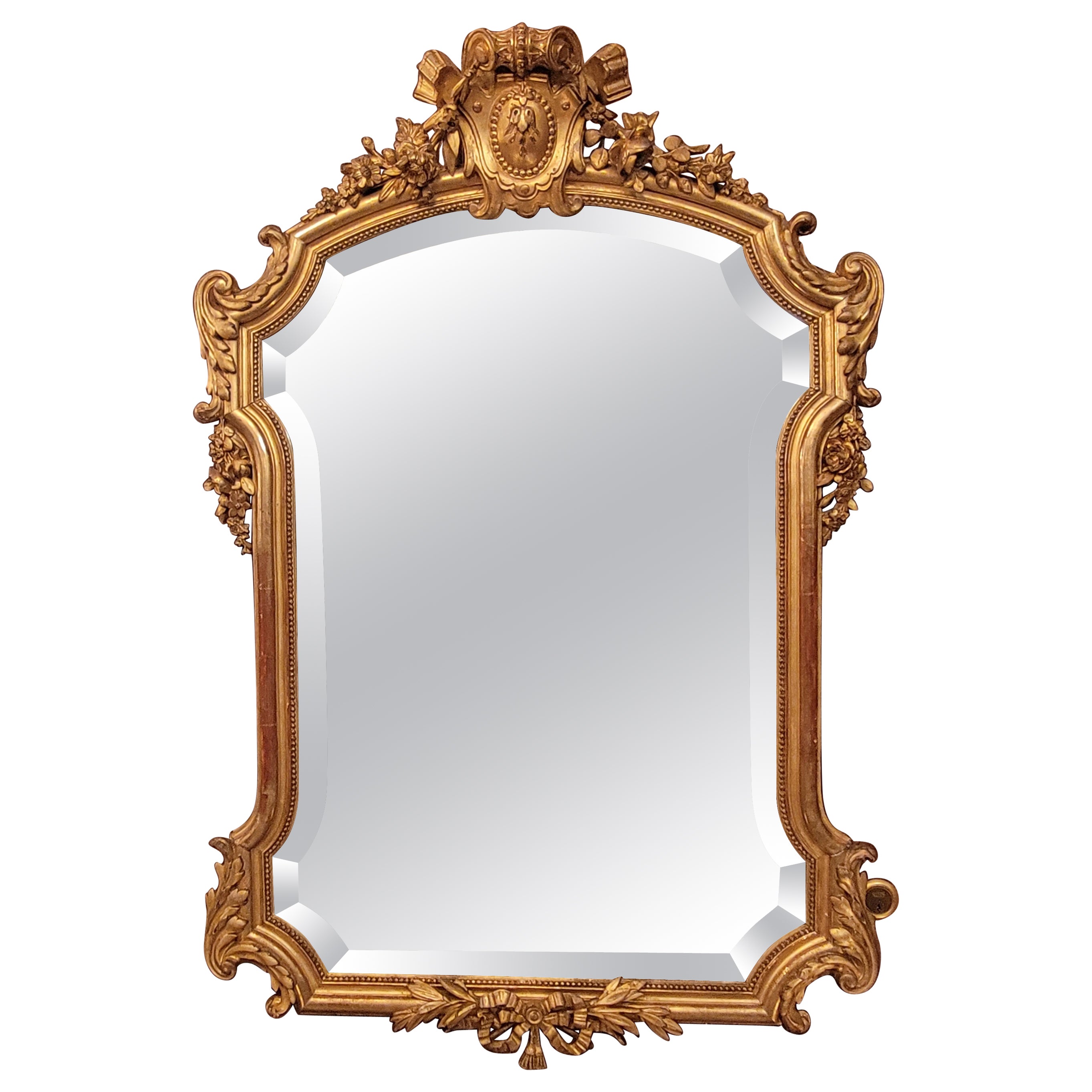 Antique French Louis XVI Gold Leaf Mirror with Beveling, Circa 1890.