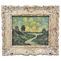 Vintage Paisaje con agua Pintura al óleo sobre tabla Enmarcado