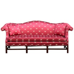 George III Style Camel Back Sofa With Red Dragonfly Upholstery and Throw Pillows