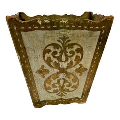 Mid 20th Century Italian Florentine White and Gold Giltwood Wastebasket