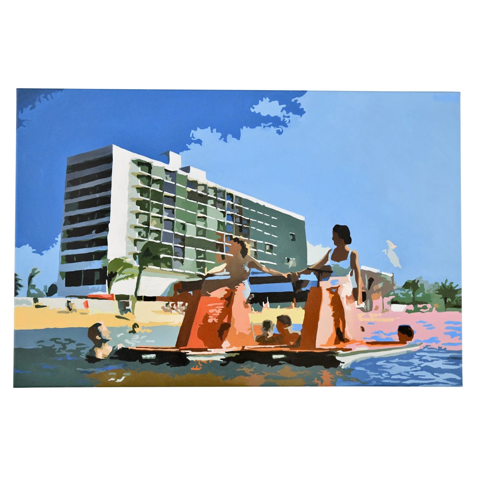 Pintura playa con bicicletas acuáticas LES PEDALOS de Carole Grandgirard, Francia 2024.