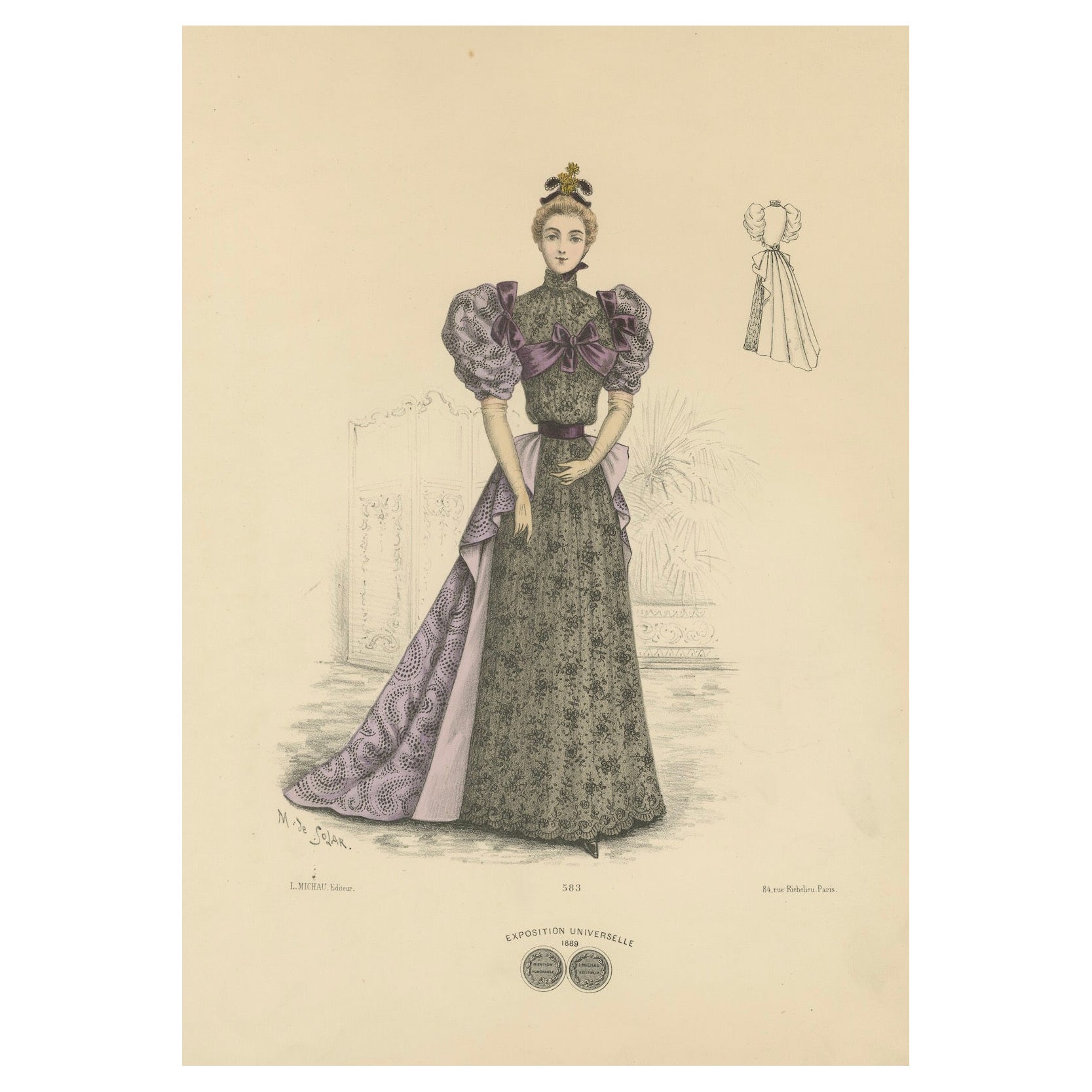 Victorian Evening Elegance: Opulent Fashion Lithograph Published in 1889