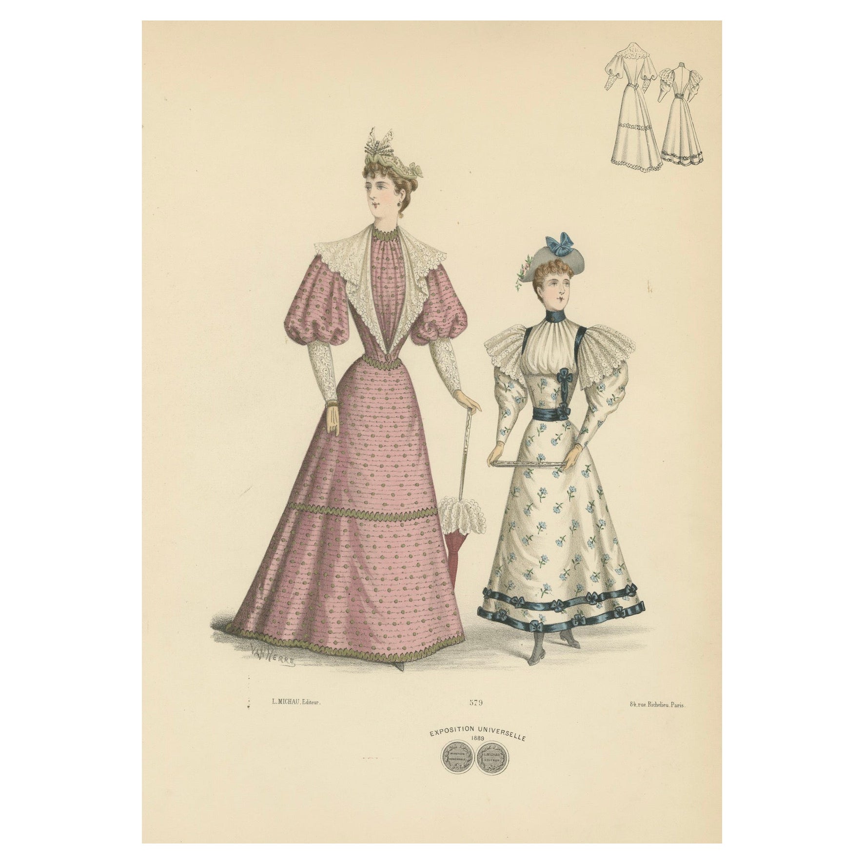 Victorian Fashion Duets: Elegant Ensembles in Lithographs Published in 1889