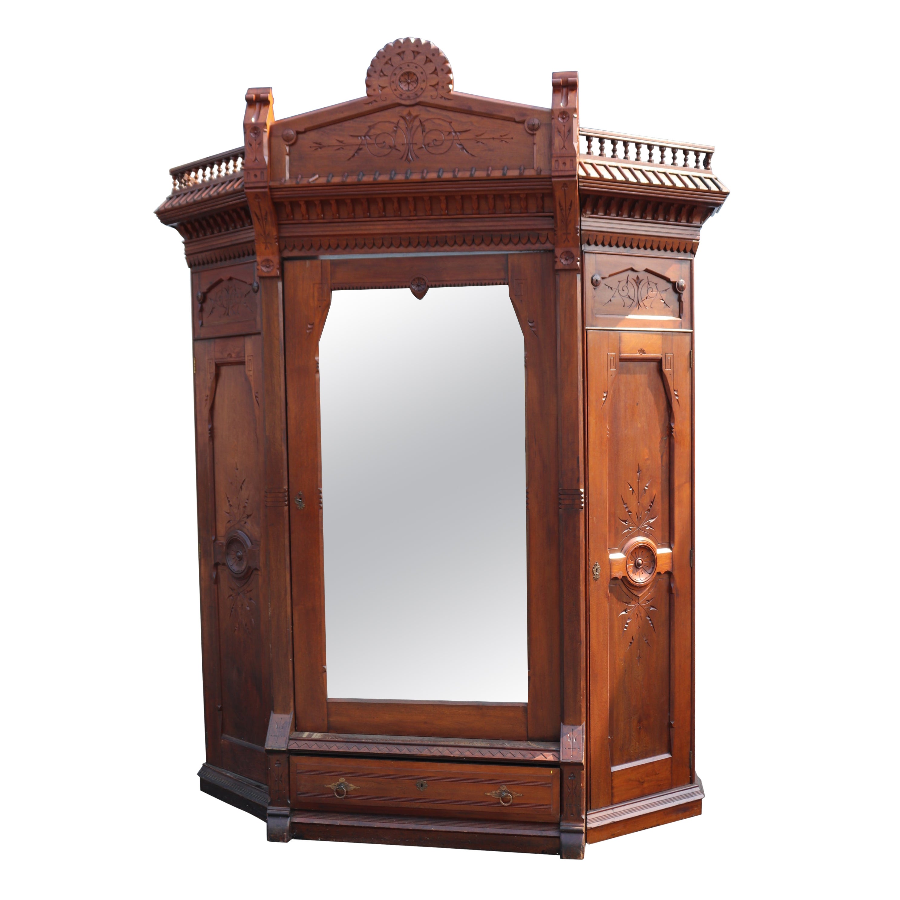 Antique Carved Walnut American Victorian Armoire Attributed to Daniel Pabst
