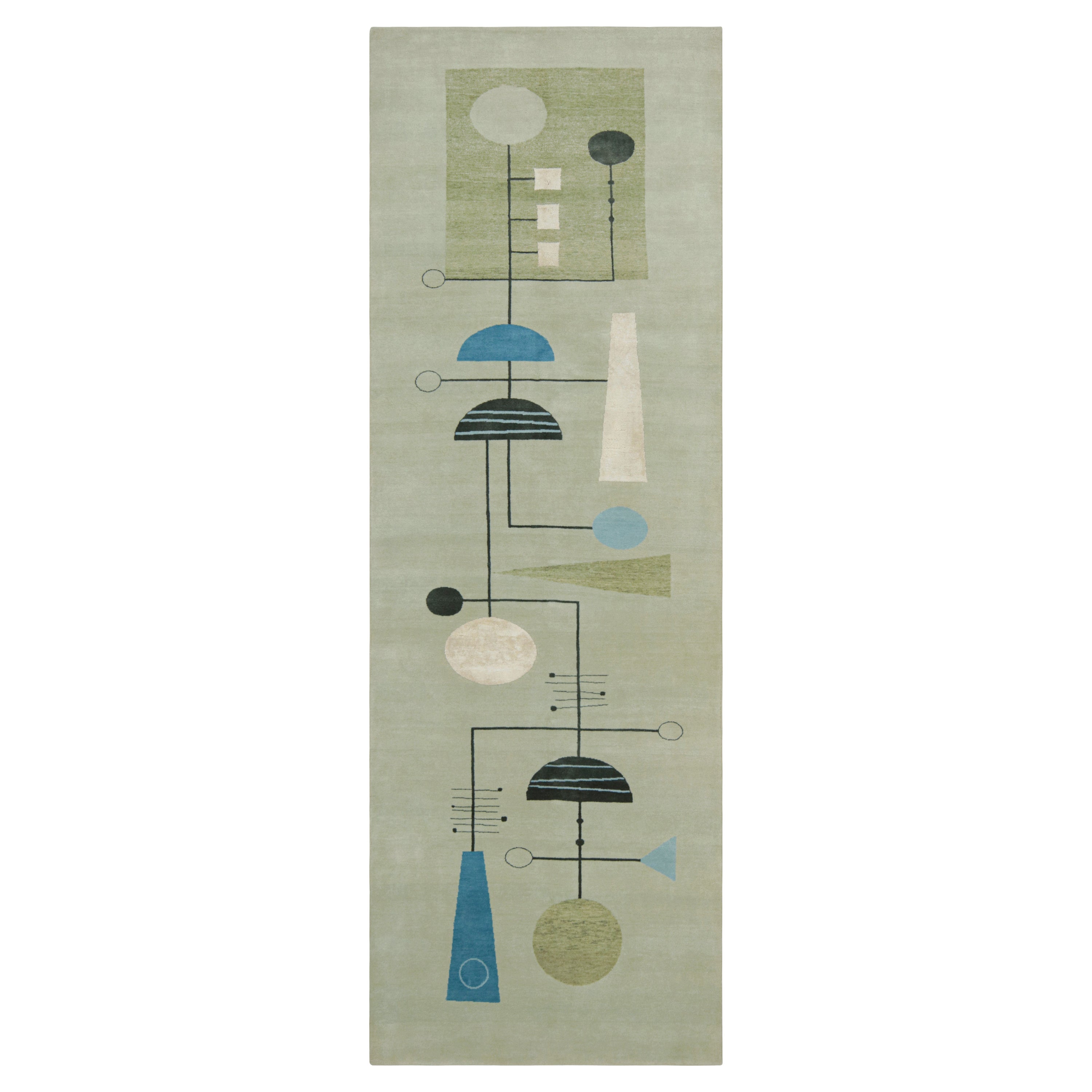 Rug & Kilim’s Mid Century Modern Geometric Green Black And Blue Wool And Silk Cu