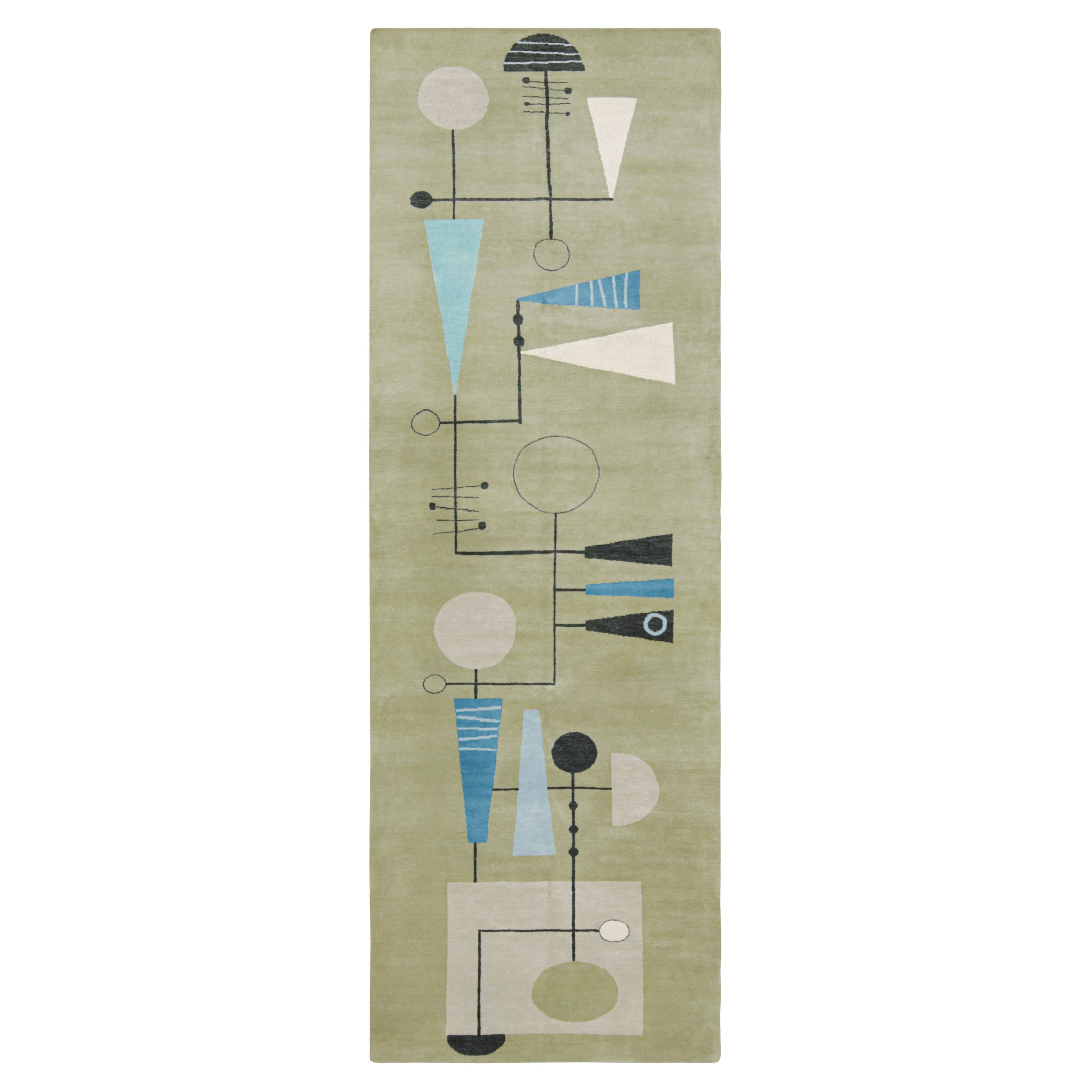 Rug & Kilim’s Mid-Century Modern Style Art Rug, Green, Blue Atomic Age Pattern For Sale