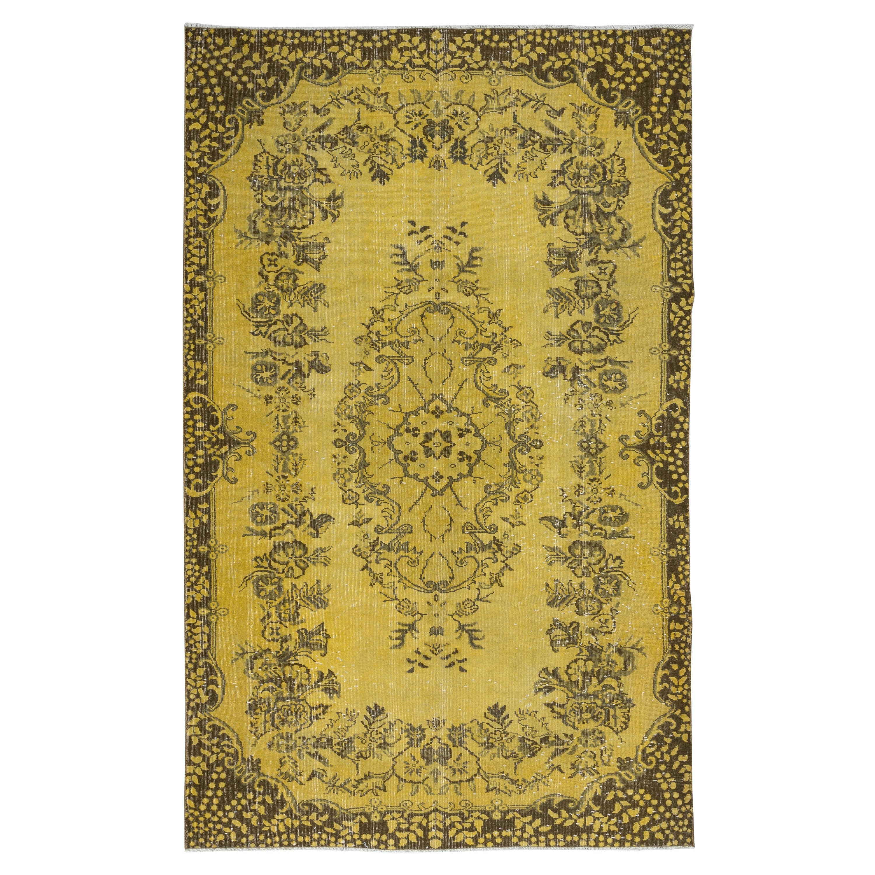 5.8x9.3 Ft Modern Handmade Turkish Rug with Medallion Design & Yellow Background