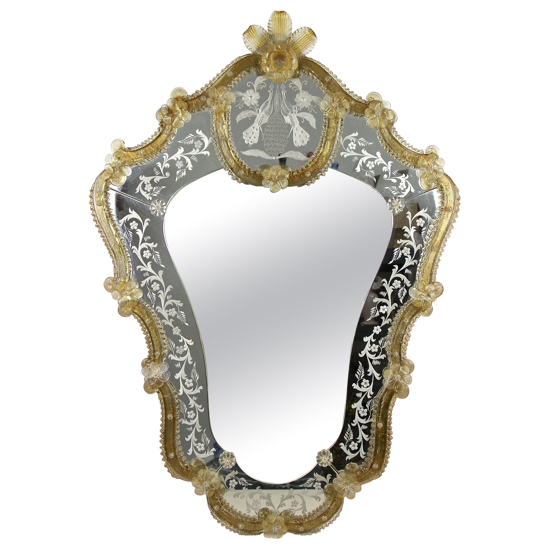 Mid Century Murano Glass Wall Mirror With Gilt Glass Flowers, IT ca. 1950 For Sale