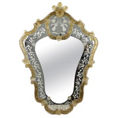 Mid Century Murano Glass Wall Mirror With Gilt Glass Flowers, IT ca. 1950