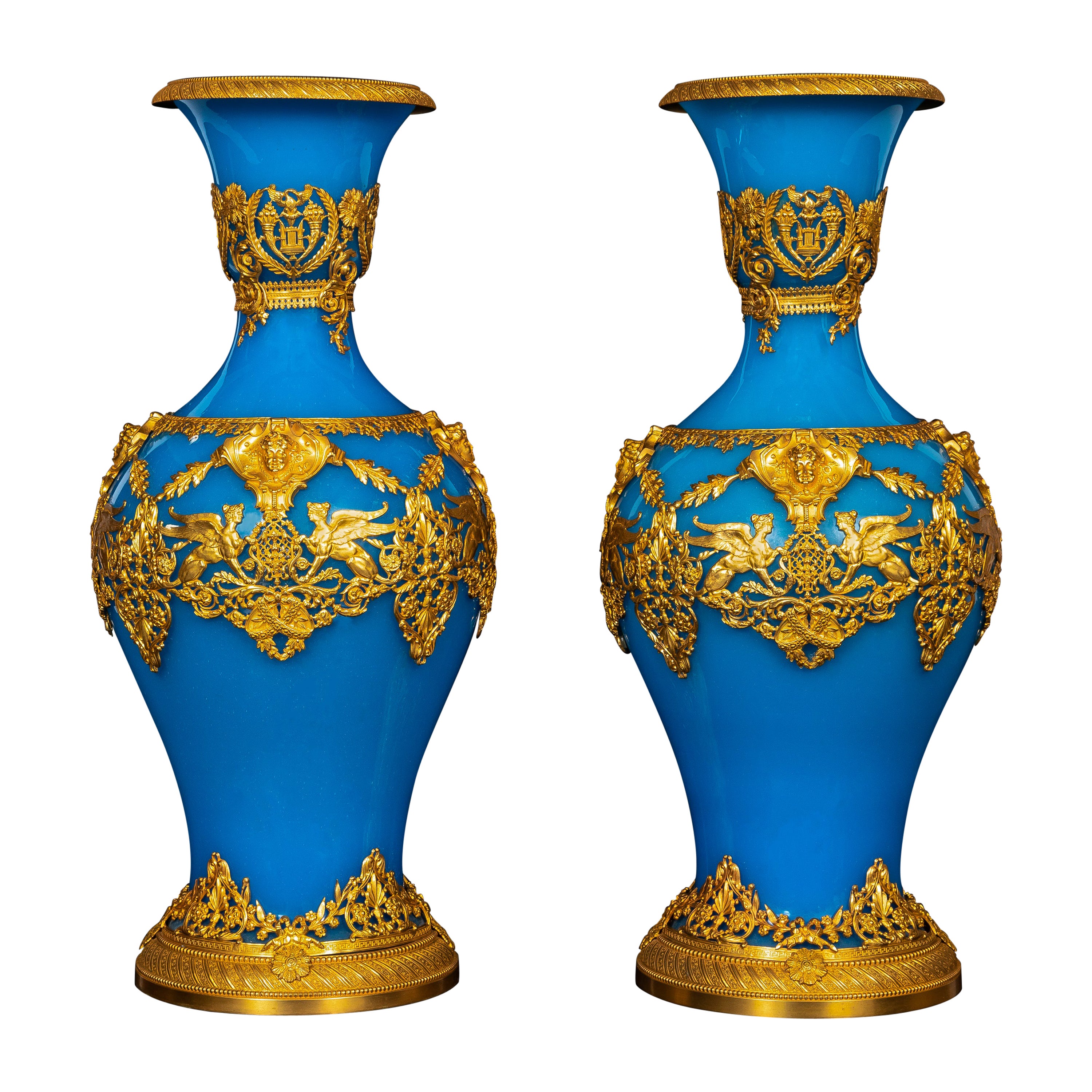Pair of 19th Century Ormolu Mounted Baccarat Crystal Celeste Blue Opaline Vases