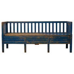 Antique Swedish Sofa Bench in Gustavian Style, Solid Pine with Blue Paint
